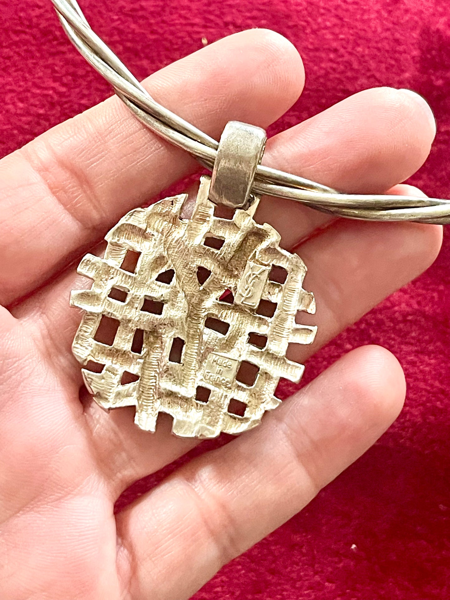 Signed YSL close up Yves Saint Laurent silver pendant monogram signed authentic vintage necklace chocker
