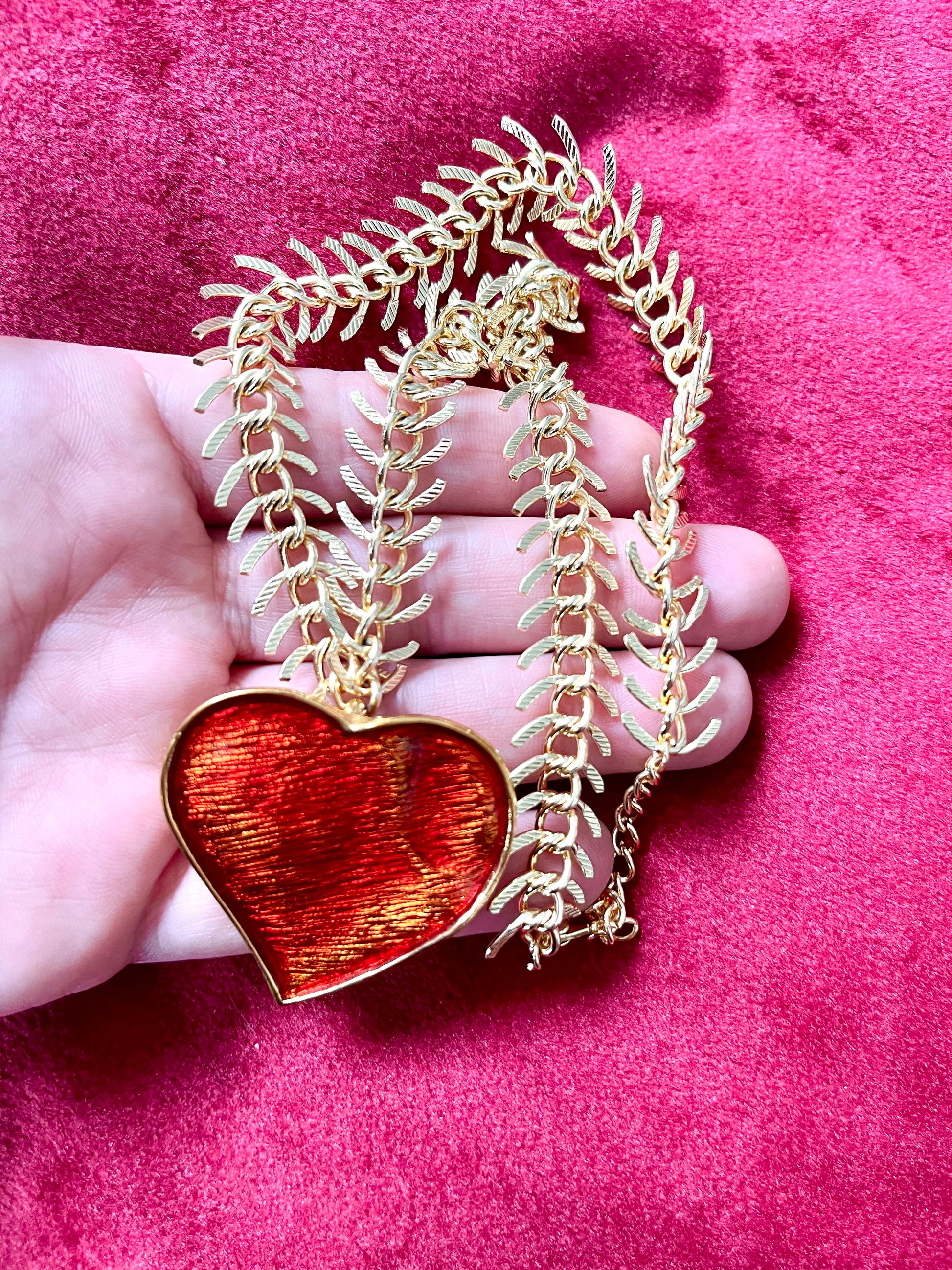 Arty Yves Saint Laurent vintage 80’s red enamel gold plated heart charms statement pendant necklace brooch rare items