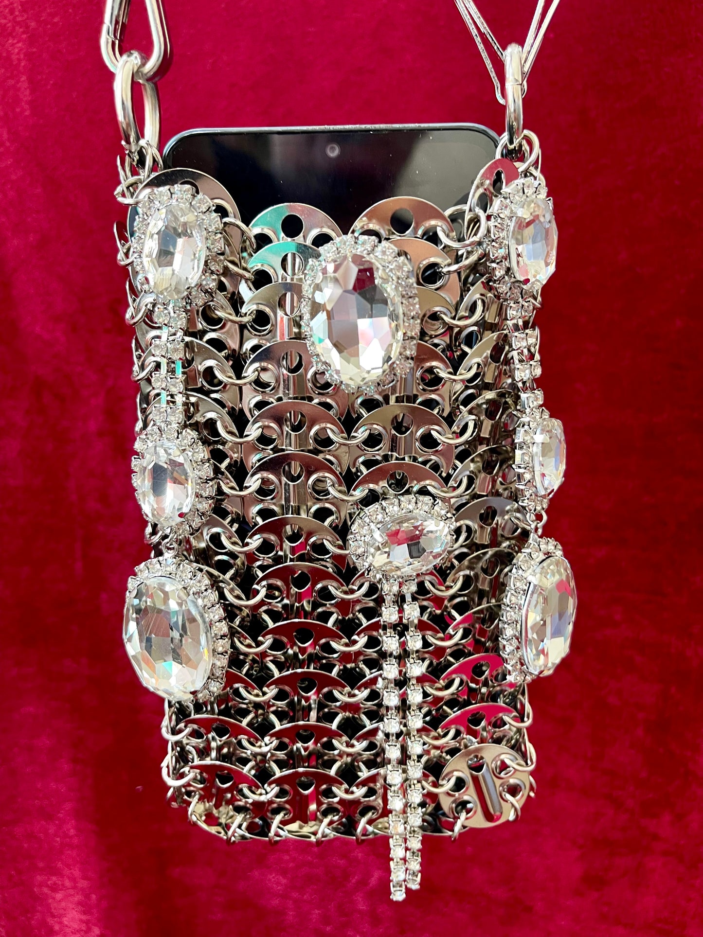 Micro Metal Phone Holder Bag Removable Crystal Brooches Style Paco Rabanne
