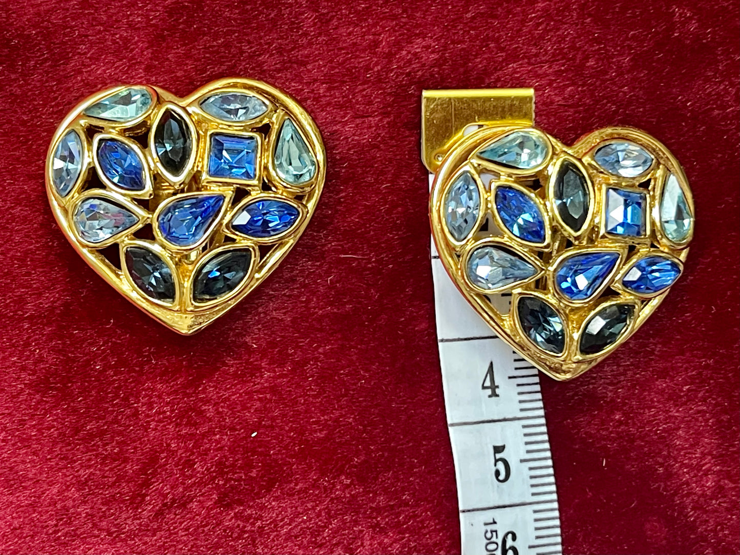 Vintage Yves Saint Laurent Blue Heart Crystal Earrings – Gold Tone