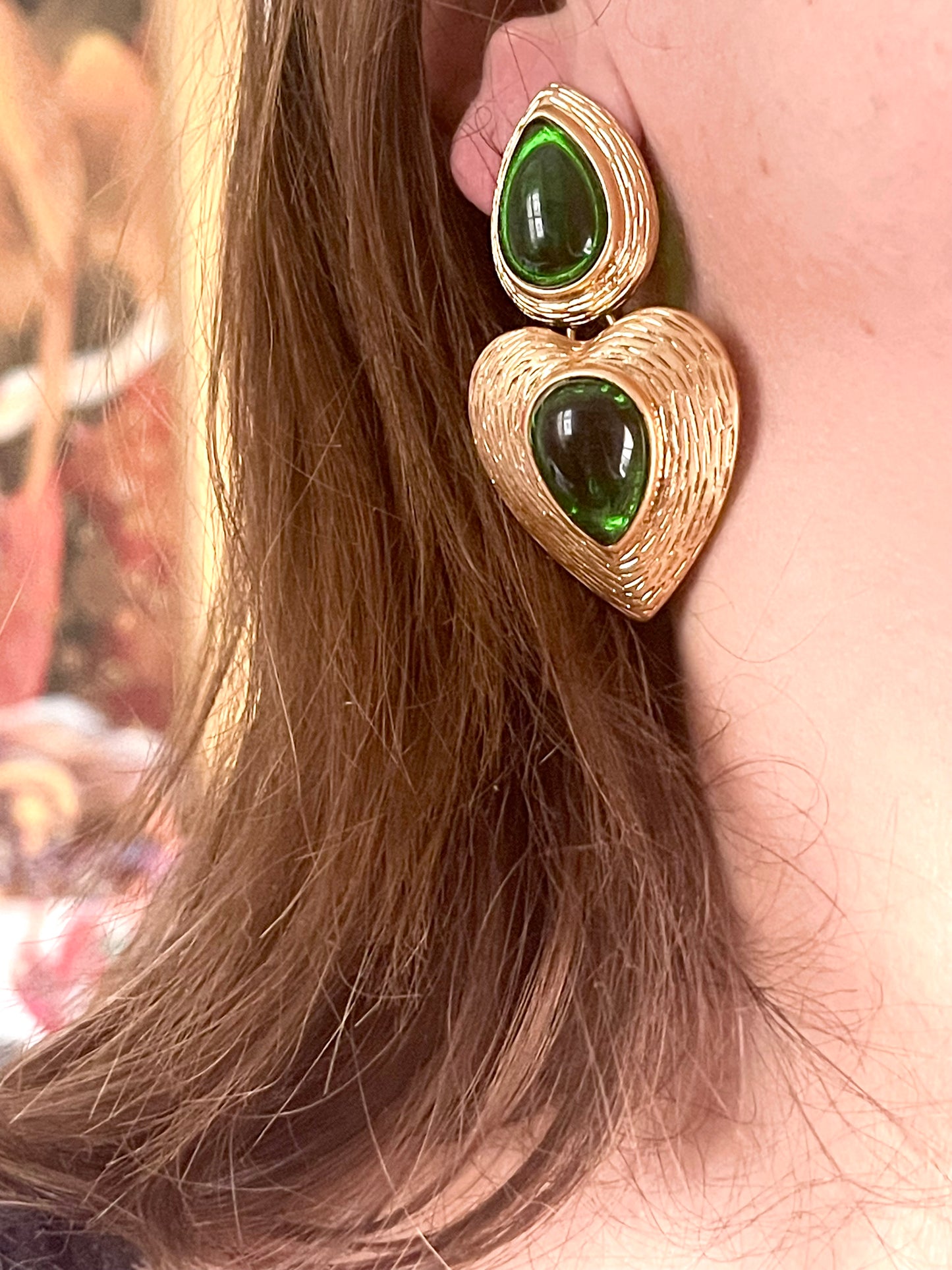 Tear Drop Gold & Green Remake Vintage Design Earrings