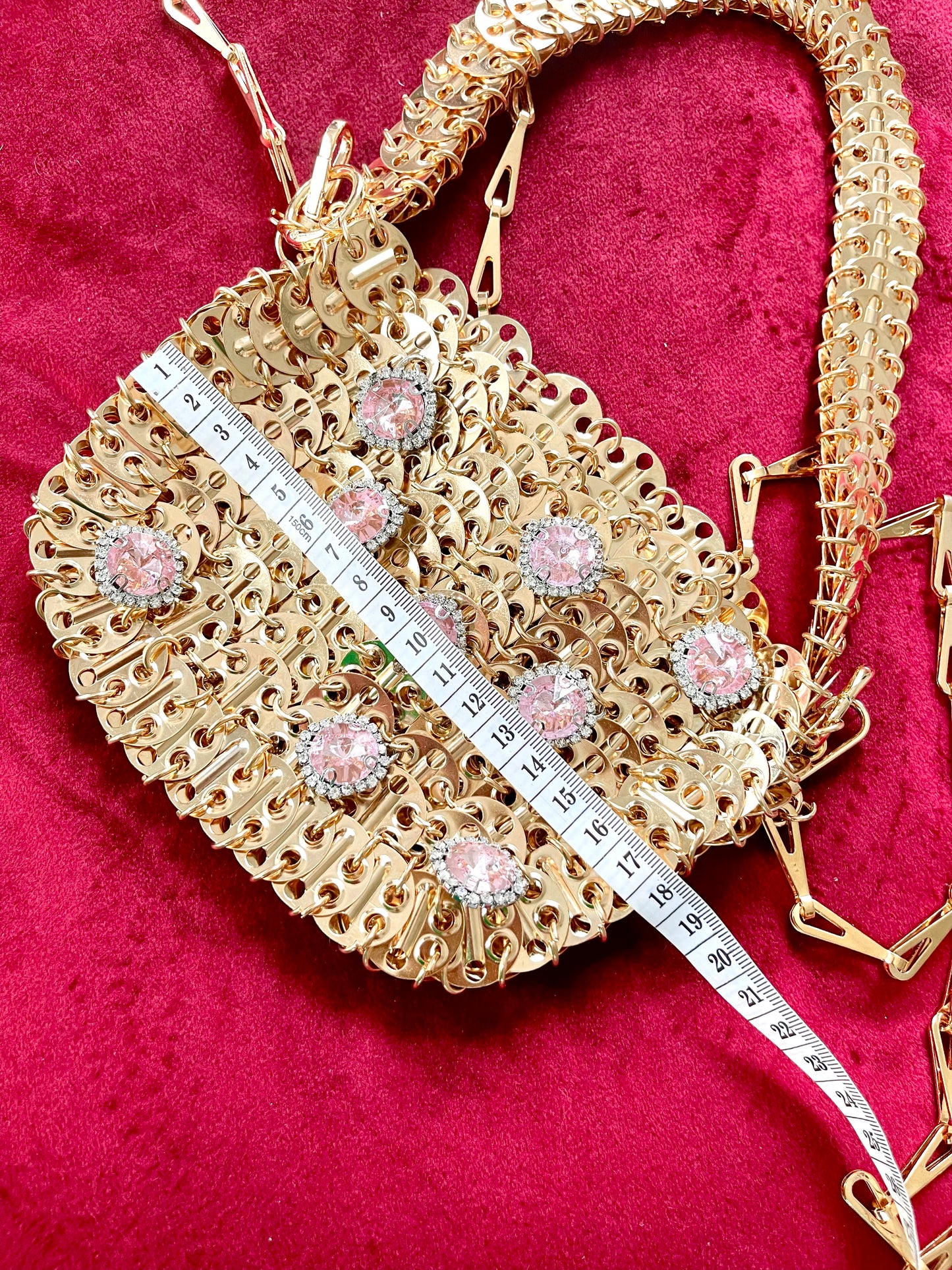 Medium Gold Metal Sparkle Hand Bag Pink Rhinestone Charms Style Paco Rabanne