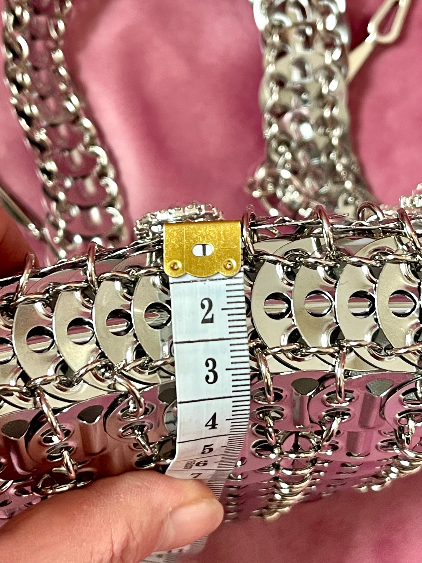 Mini Silver Metal Sparkle Hand Bag Pink Rhinestone Charms Style Paco Rabanne