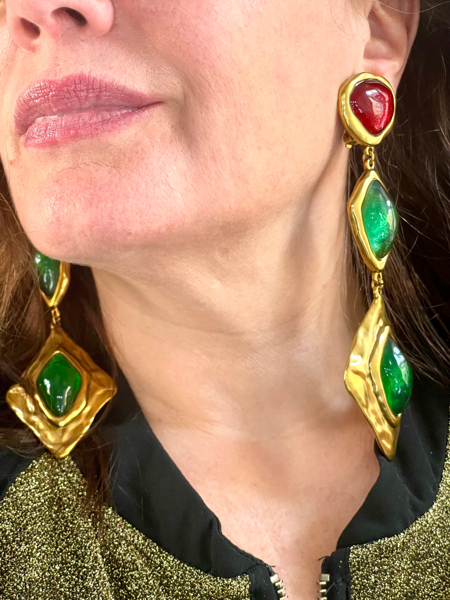 Yves Saint Laurent XXL Vintage design inspired green red stones copper metal worn by model