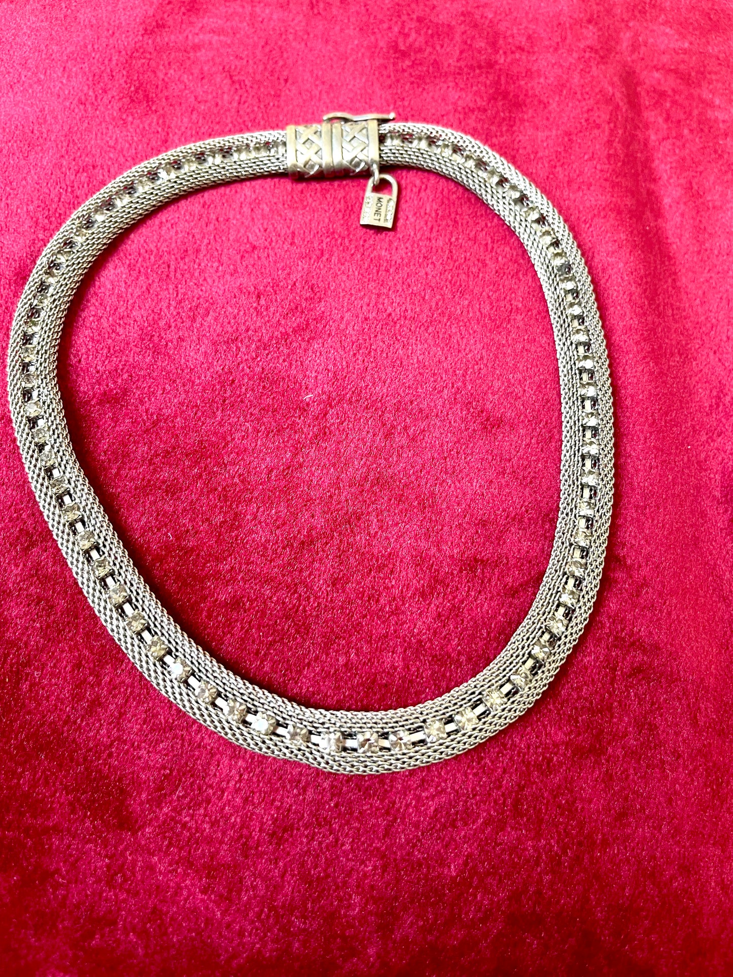 Monet Yves Saint Laurent silver metal necklace rhinestone tagged chocker
