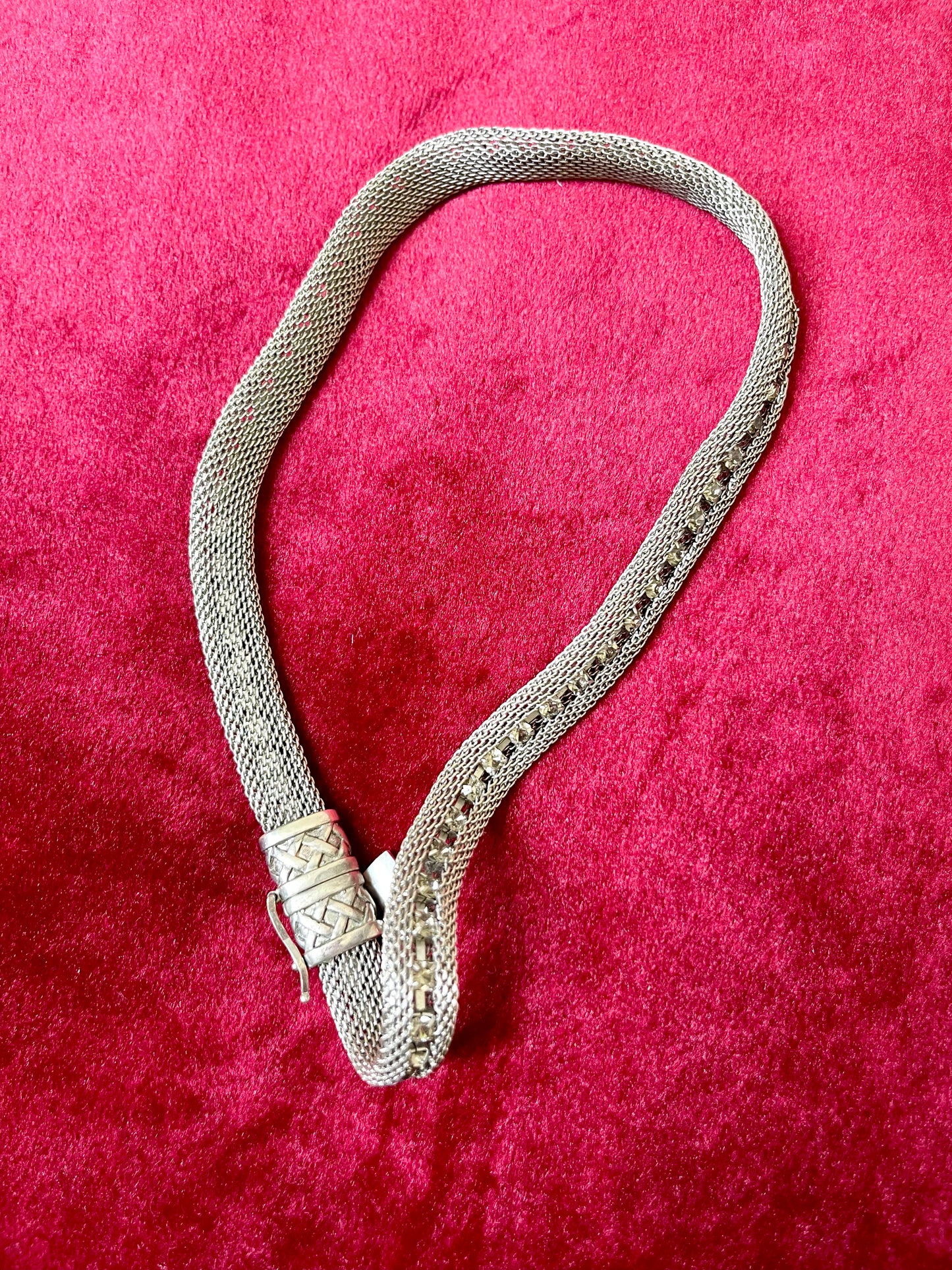 Back view Monet Yves Saint Laurent silver metal necklace rhinestone tagged chocker