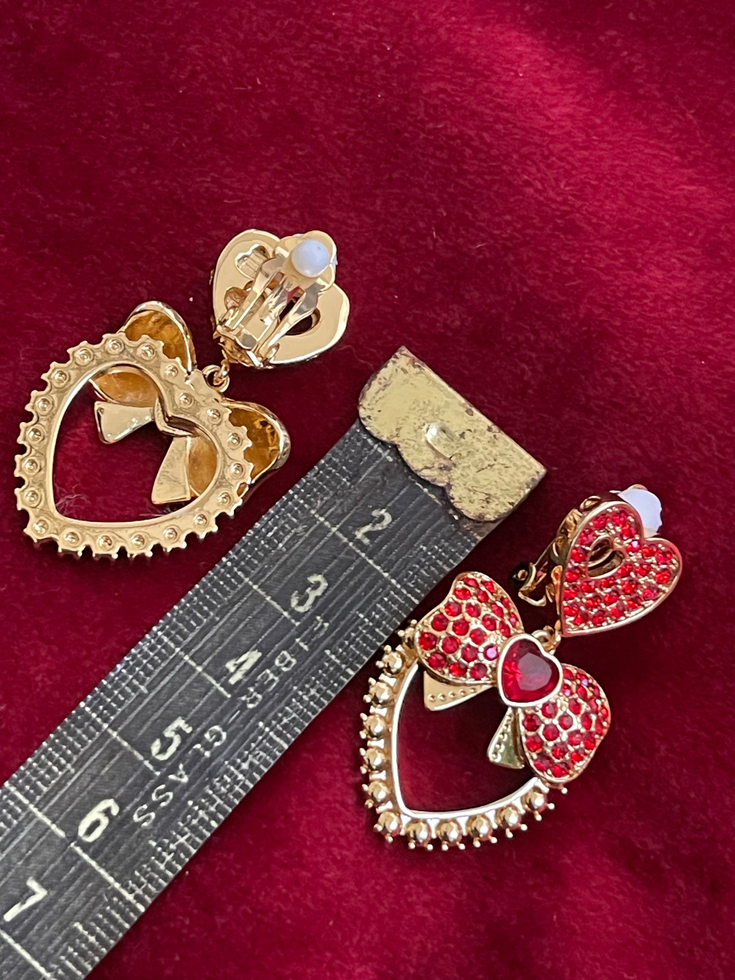 Red Heart & Bow Crystal Metal Gold Earrings