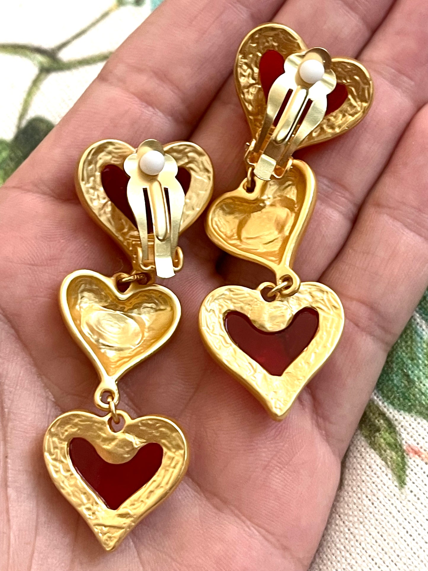 Red & Gold Tone Heart Escada Inspiration Clip On Earrings