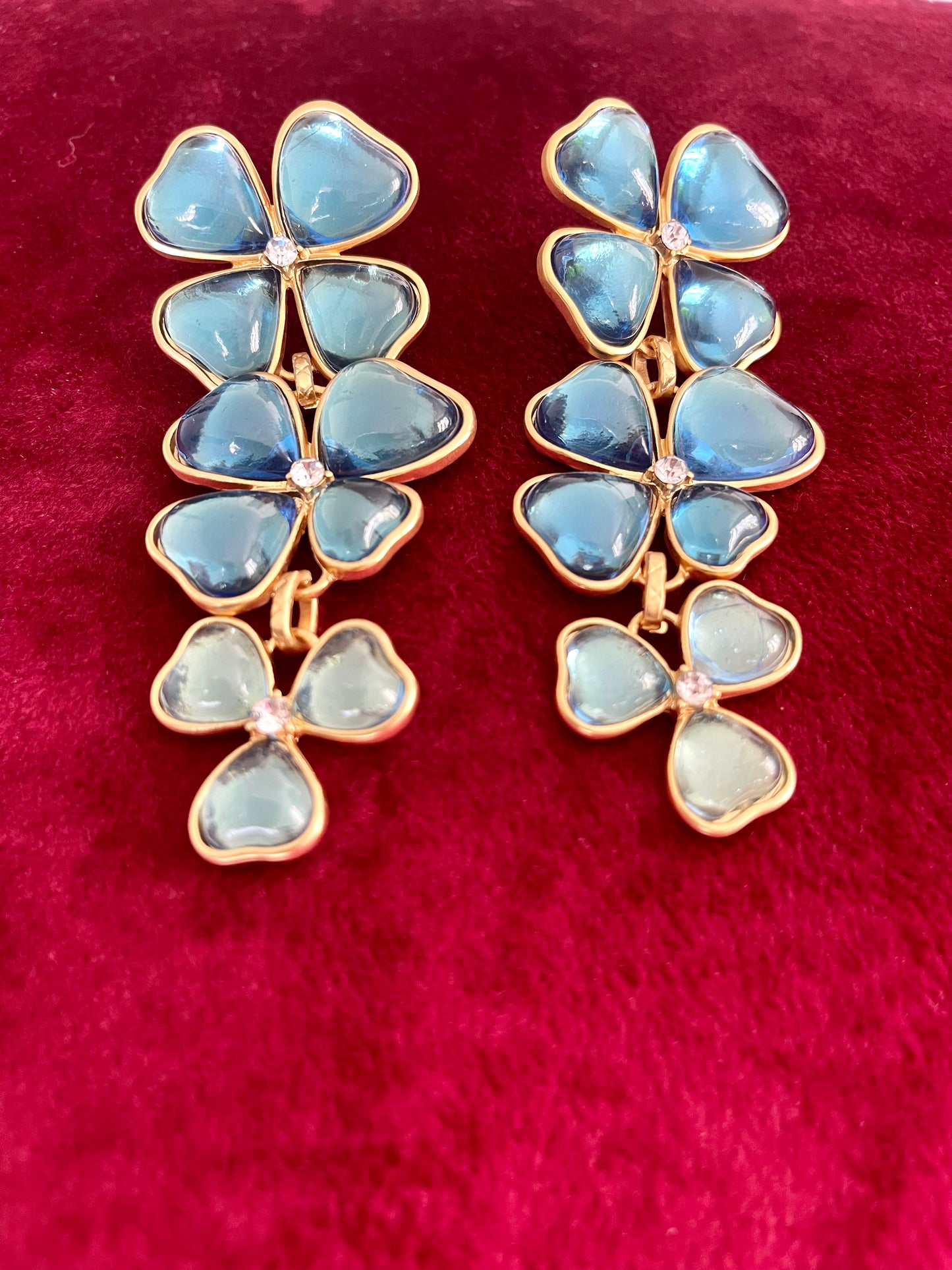 Light Blue Gold Statement Clover Heart Earrings