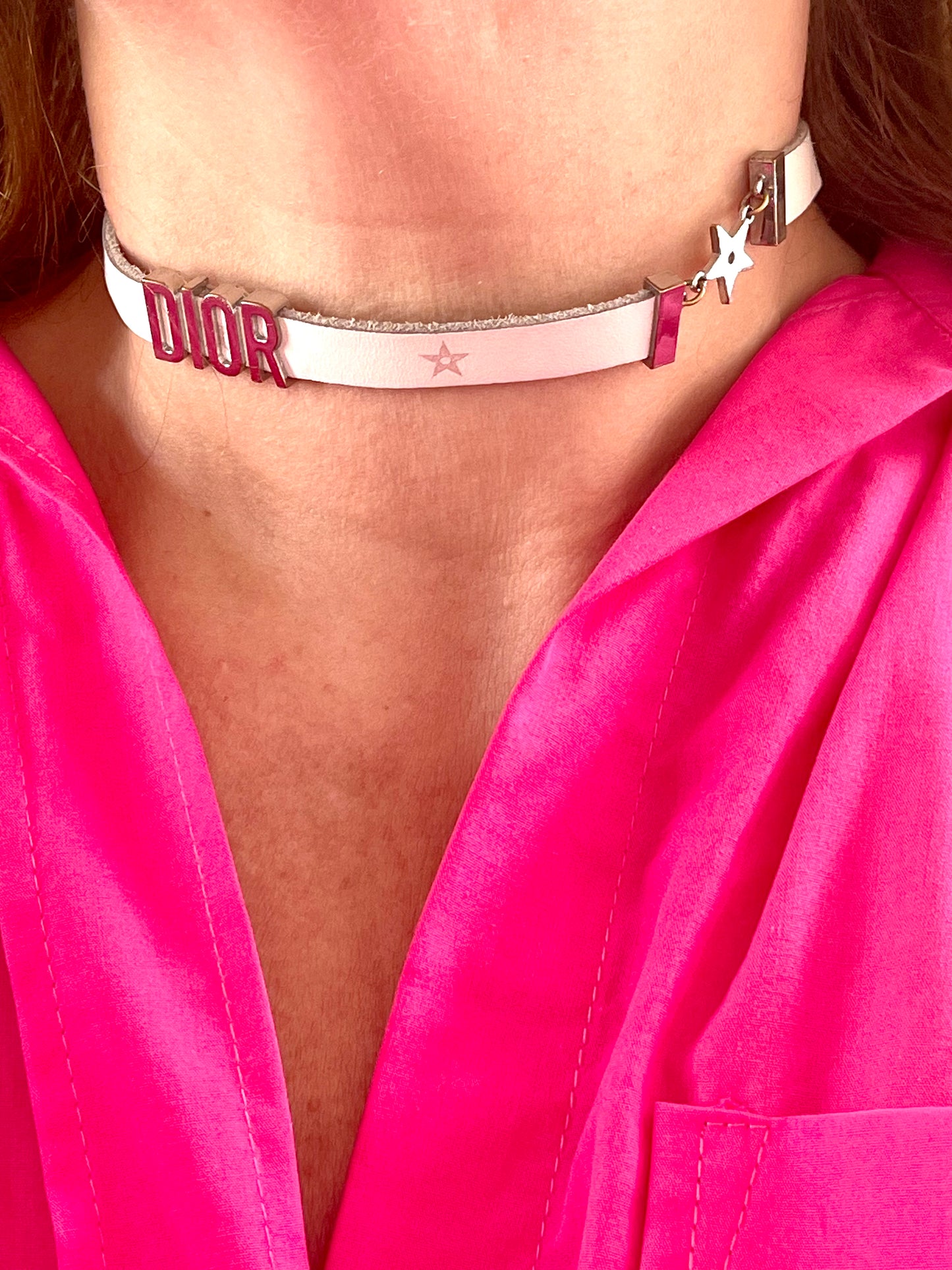Dior leather bracelet necklace worn , Vintage white Dior Star charm , strap Dior beauty used collectible bracelet charms designer accessories