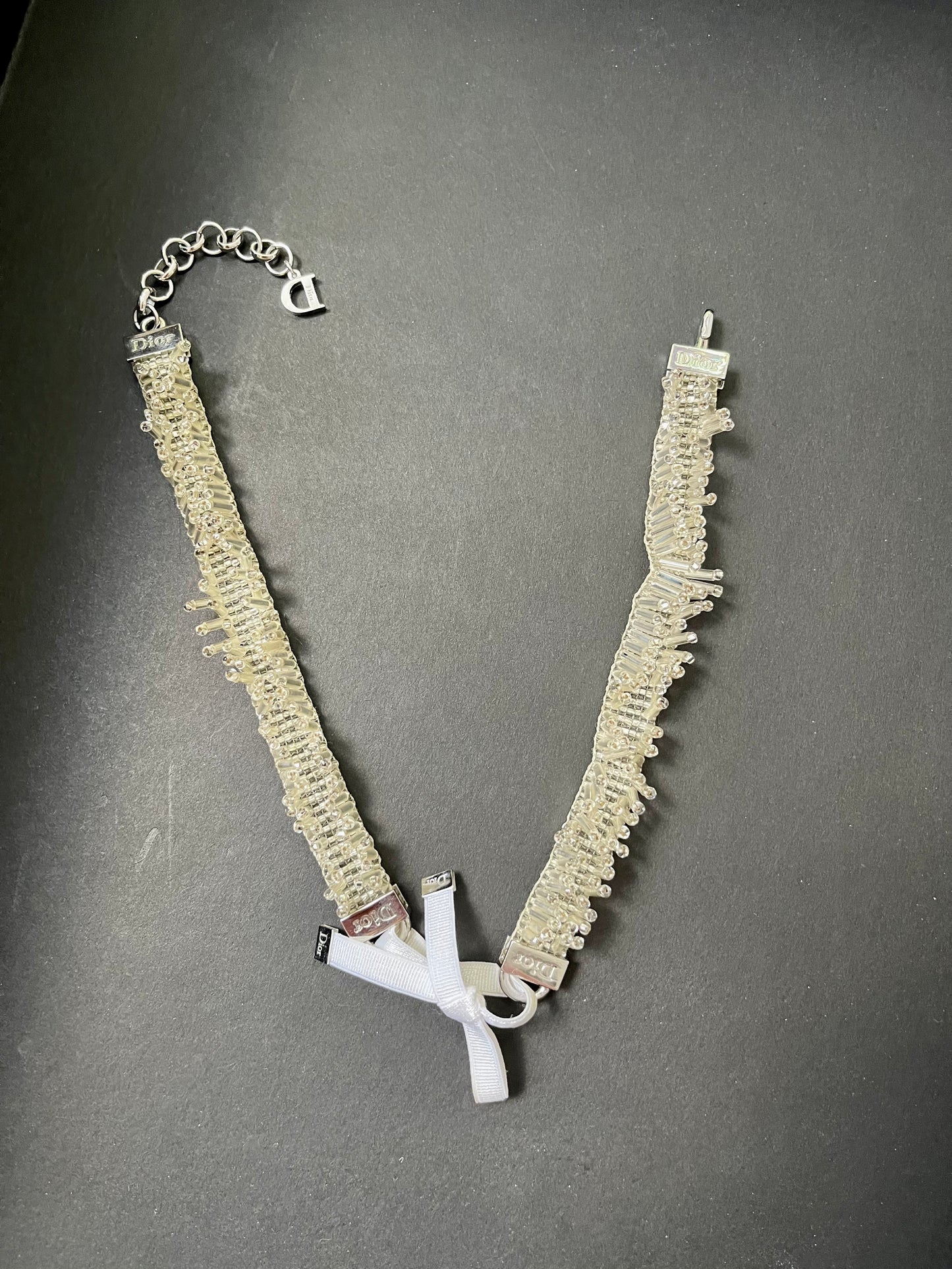 Dior Vintage 80’s beaded jewelry set bracelets necklace bow tie cream silver color