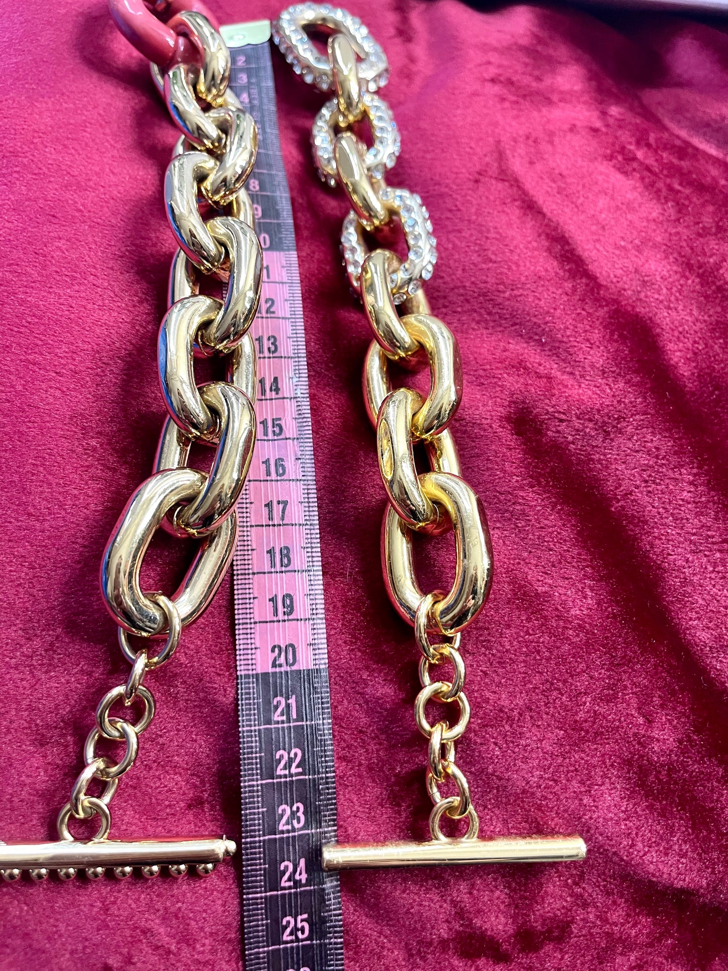24 cm long Paco Rabanne XL Link gold chains set of two statement design used in excellent condition Coral tone rhinestones