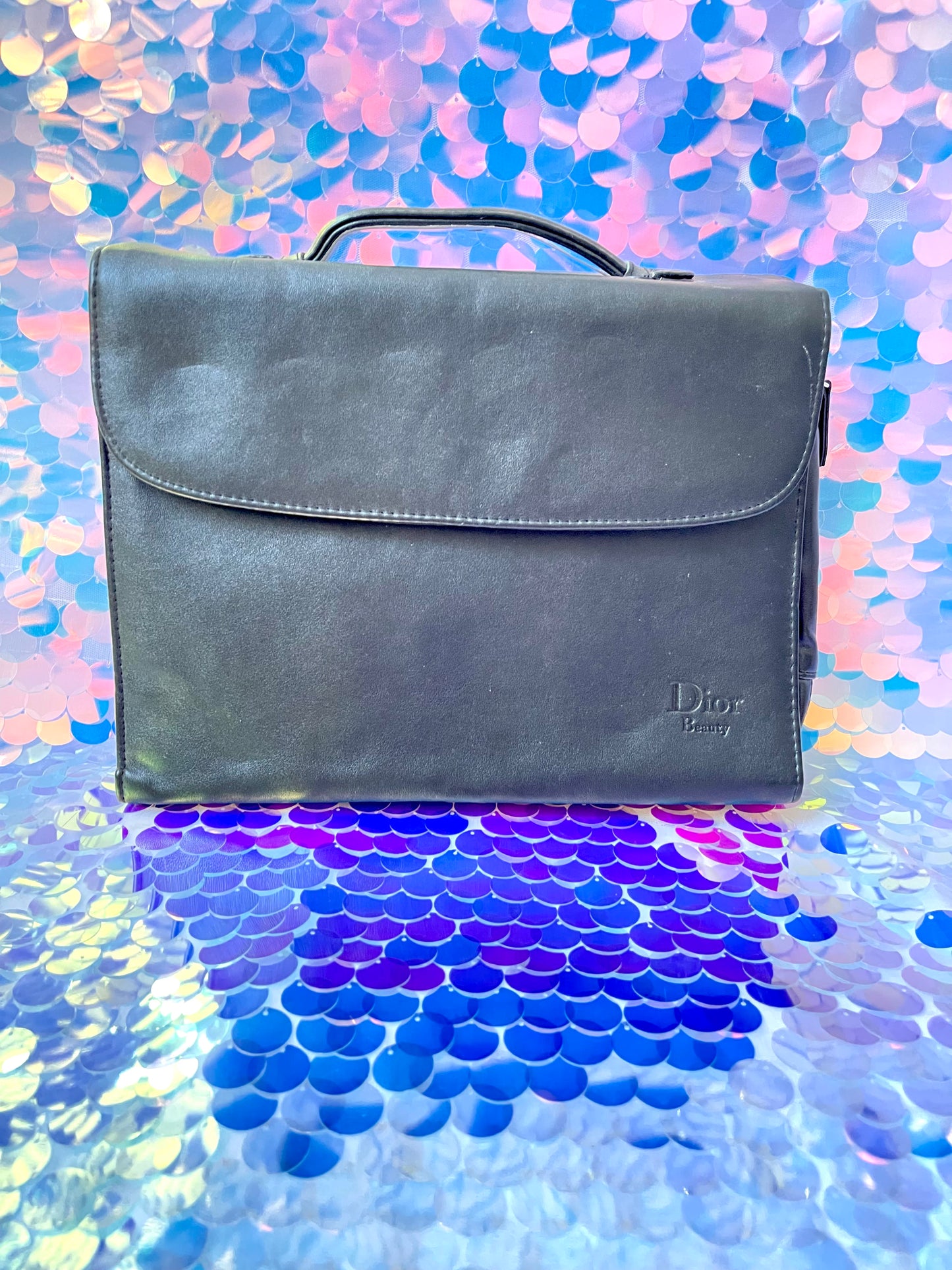 Dior black leather color vintage authentic collectible Christian Dior Parfums accessories leather vanity jewelry storage charm mirror lipgloss makeup compact travel bag