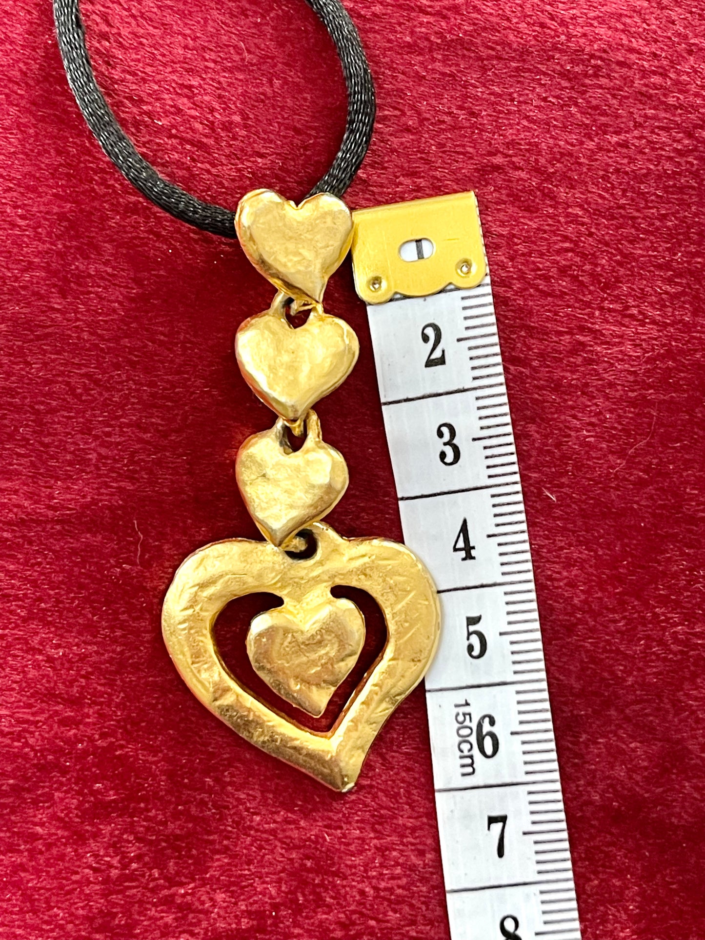 Four Hearts Pendant Vintage Yves Saint Laurent Old Gold Color Pendant With Original Black Satin Cord .