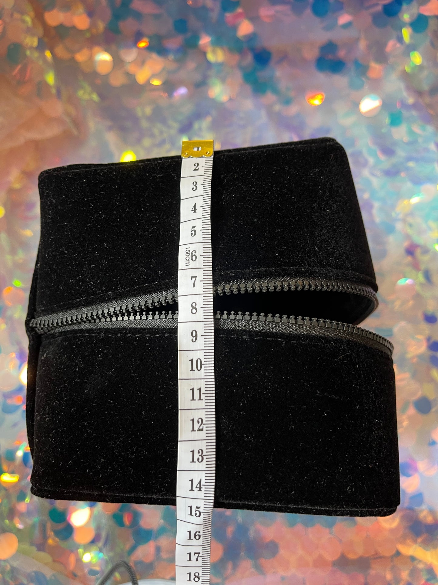 Length measurement Yves Saint Laurent black velvet vanity perfect condition , jewelry and makeup organizer YSL accessories using measuring tape