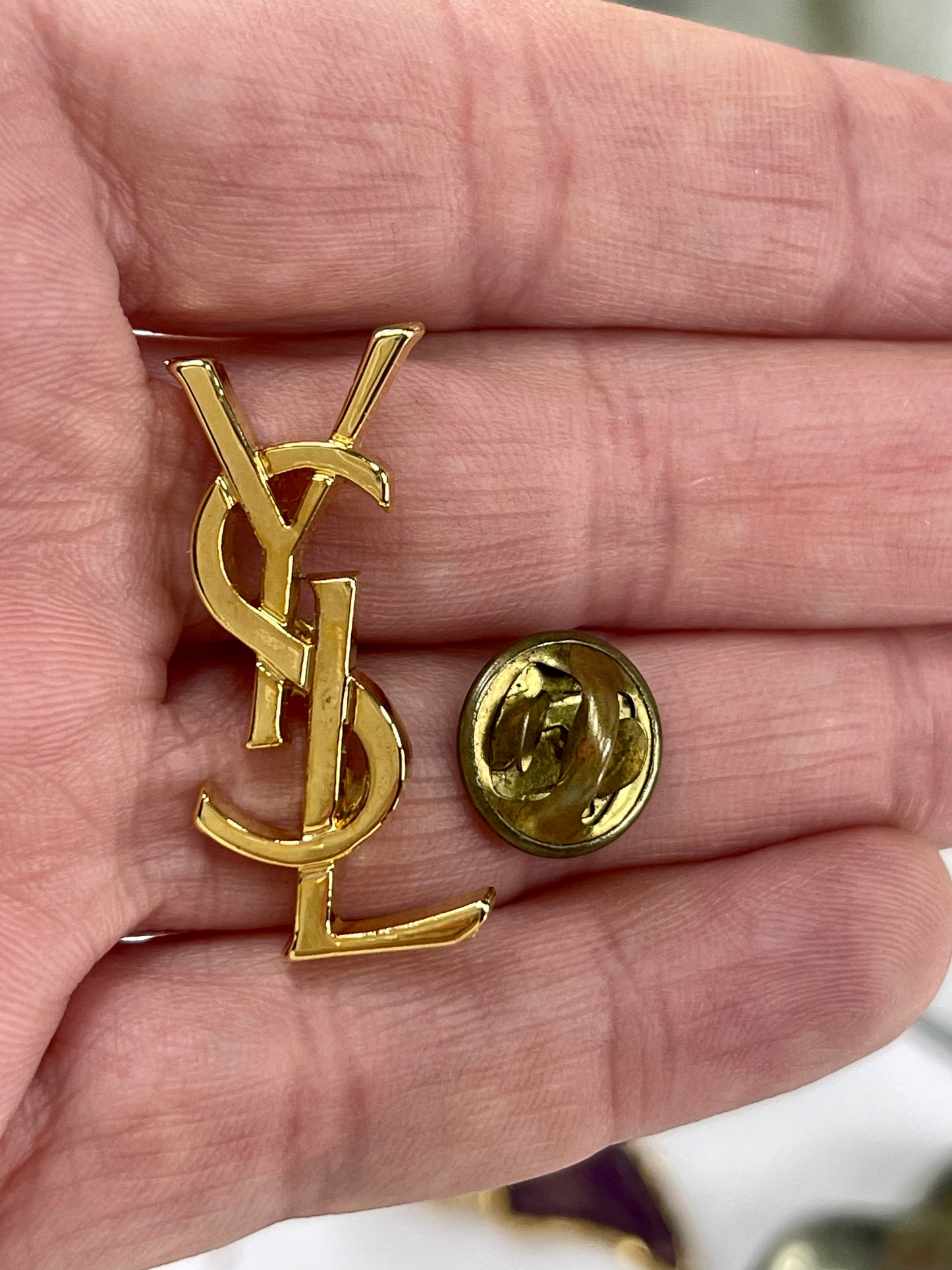 Gold Tone YSL Pin Yves Saint Laurent Unisex Authentic Vintage