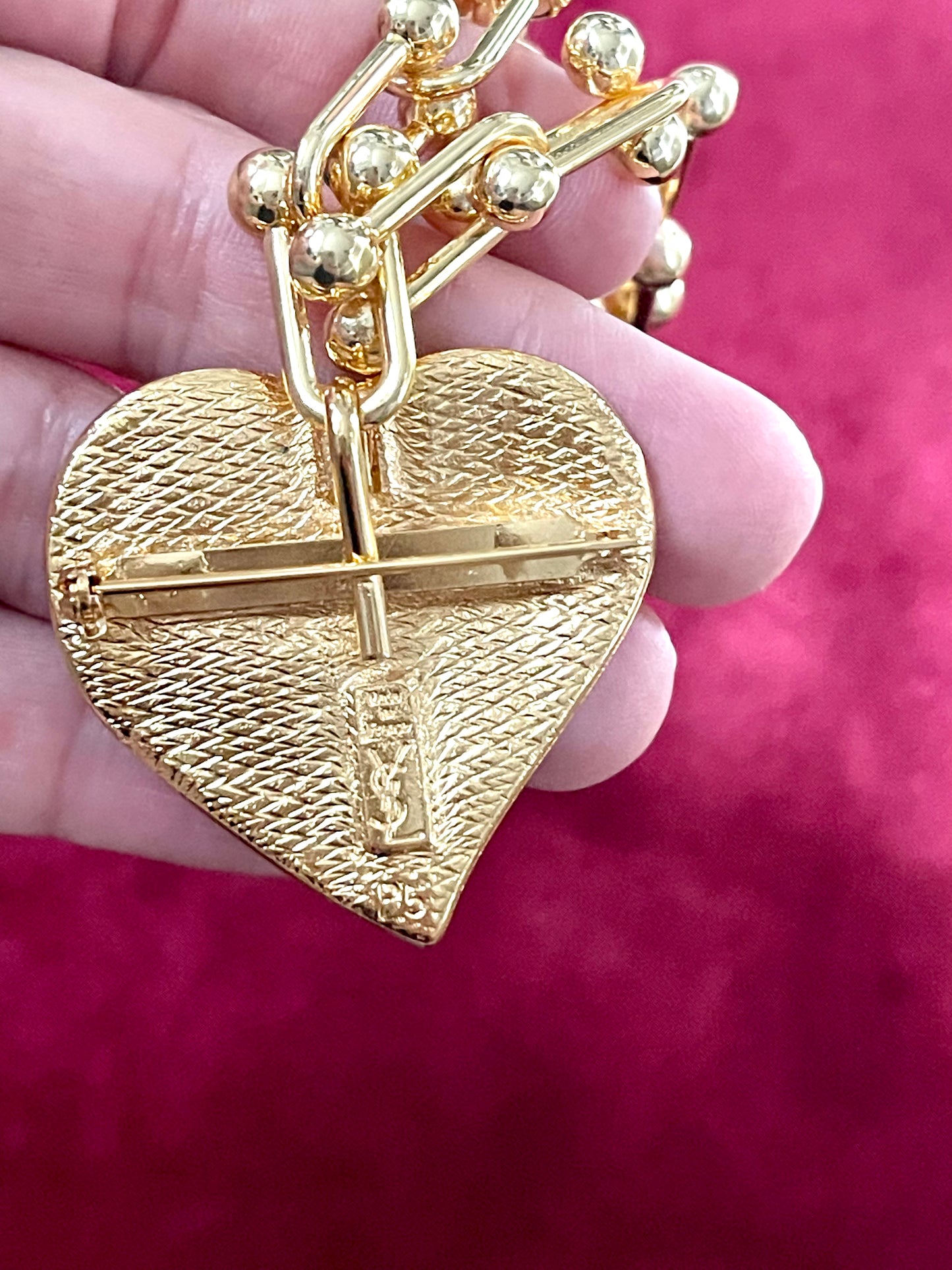 Arty Yves Saint Laurent vintage 80’s red enamel gold plated heart charms statement pendant necklace brooch rare items