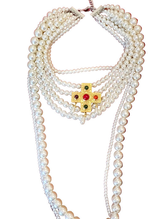 Collar de perlas de imitación con estilo vintage y colgante de cruz nuevo
