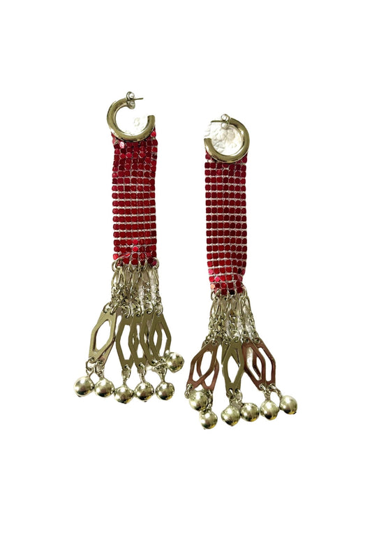 Pair of Paco Rabanne Sparkle earrings with red beaded strands and metallic hooks on a white background