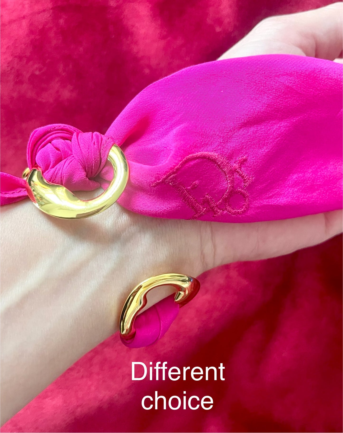 Customizable gold bracelet design options with Dior silk scarf