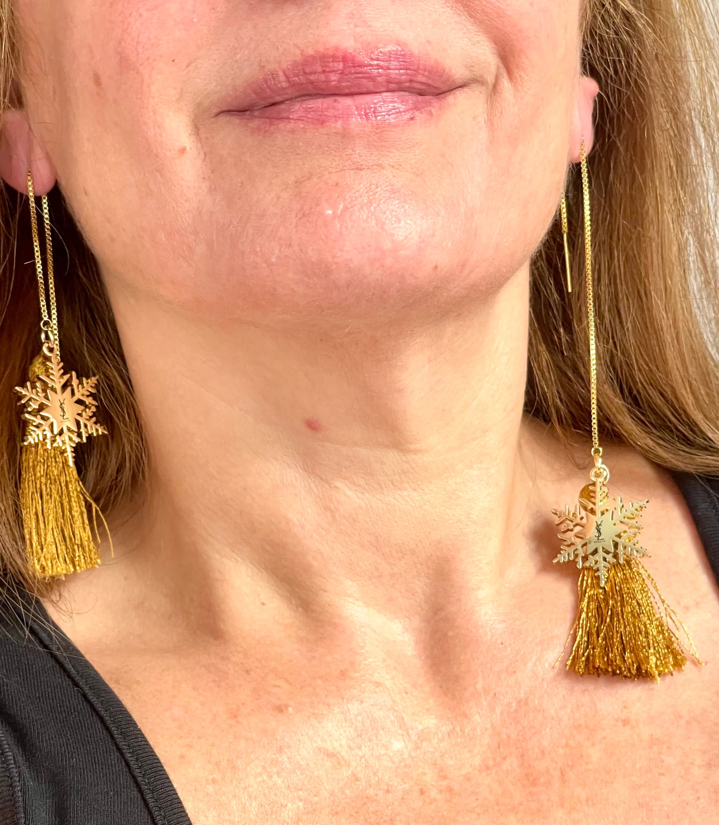 Yves Saint Laurent Signed Snowflake Charm Tassel Earrings – Gold Tone, Upcycled