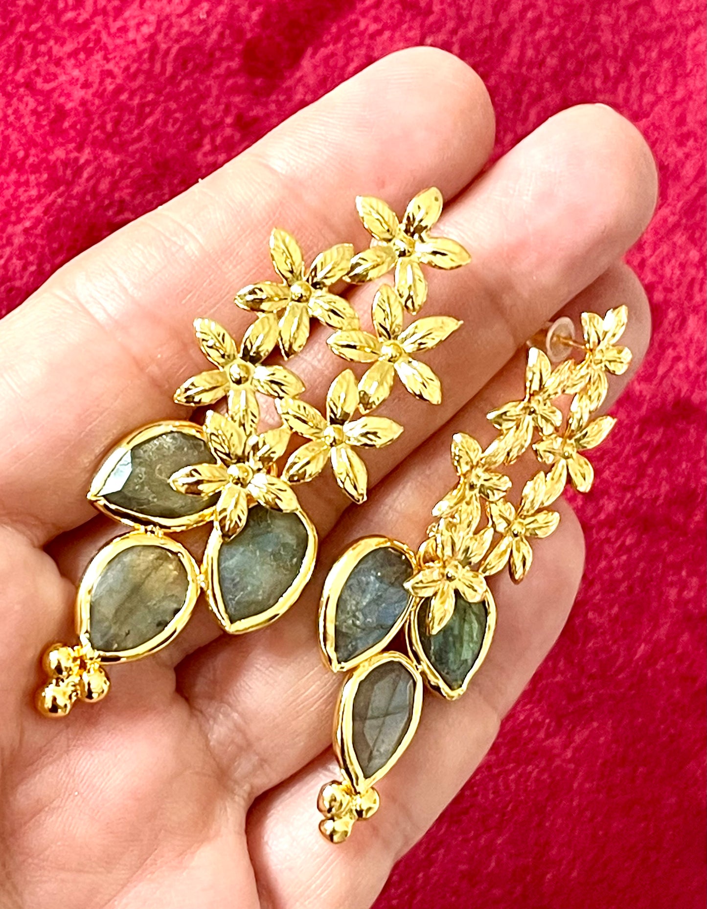 Gold Flower Pendant Earrings Labradorite Stones