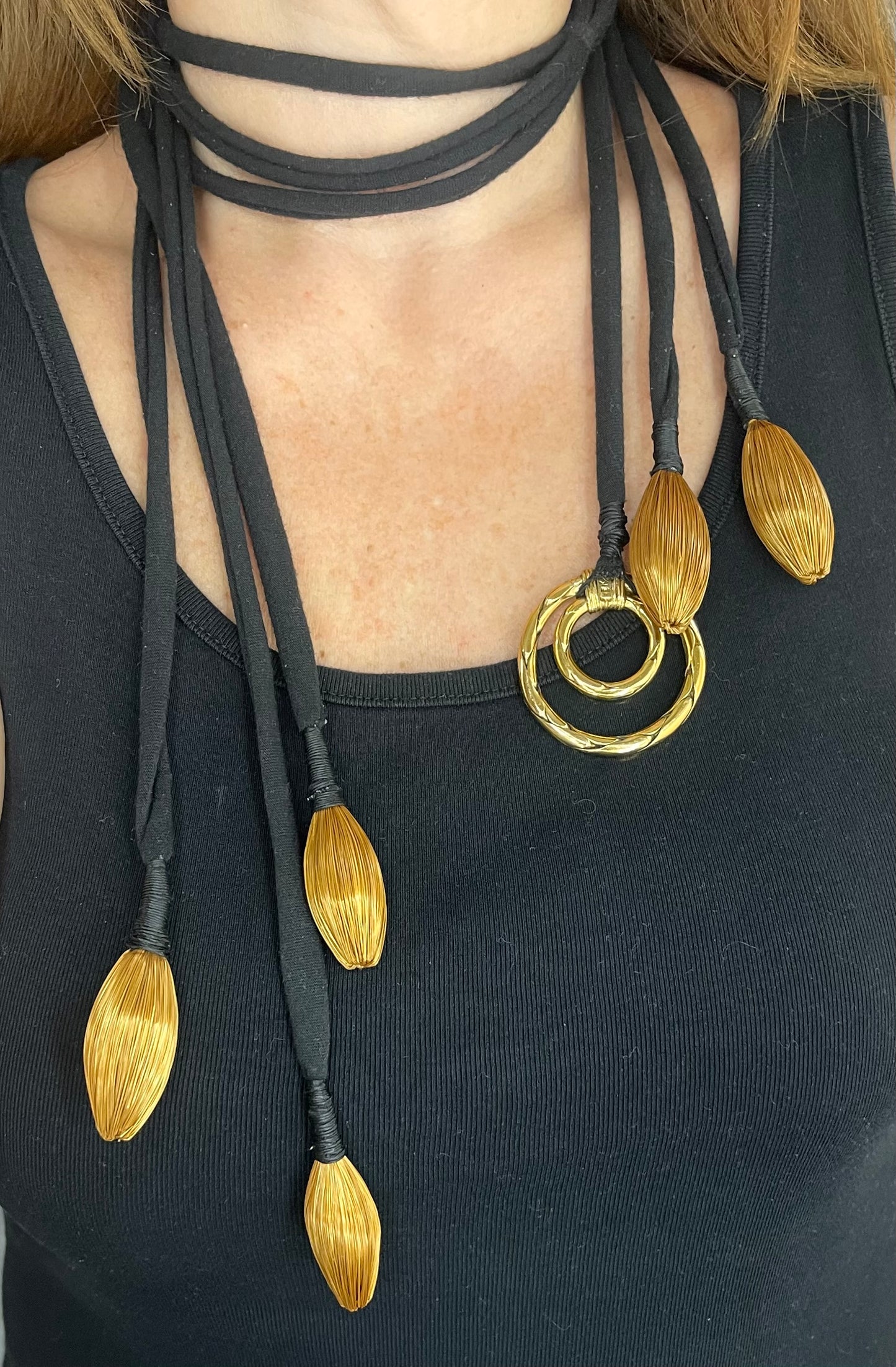 Worn by model styled Vintage Yves Saint Laurent YSL scarf holder worn as a one of a kind art textile statement necklace