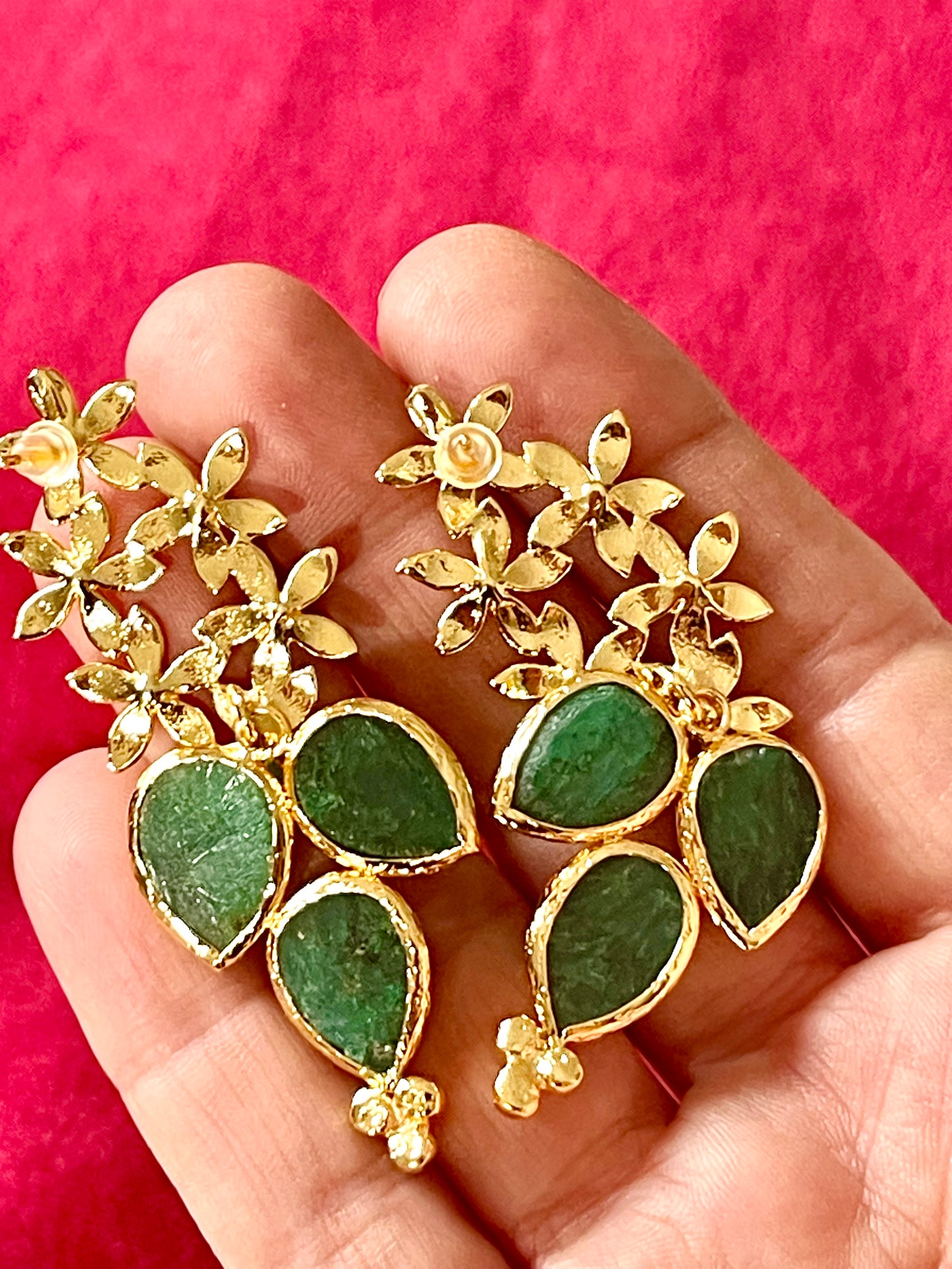 Gold Flower Pendant Earrings Green Agate Stones