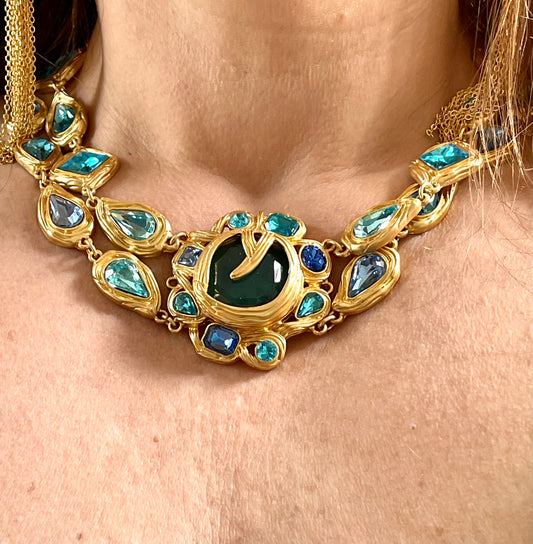 Collier Remake 90's Vintage Design Statement Plaqué Or Cristaux de Verre Bleu