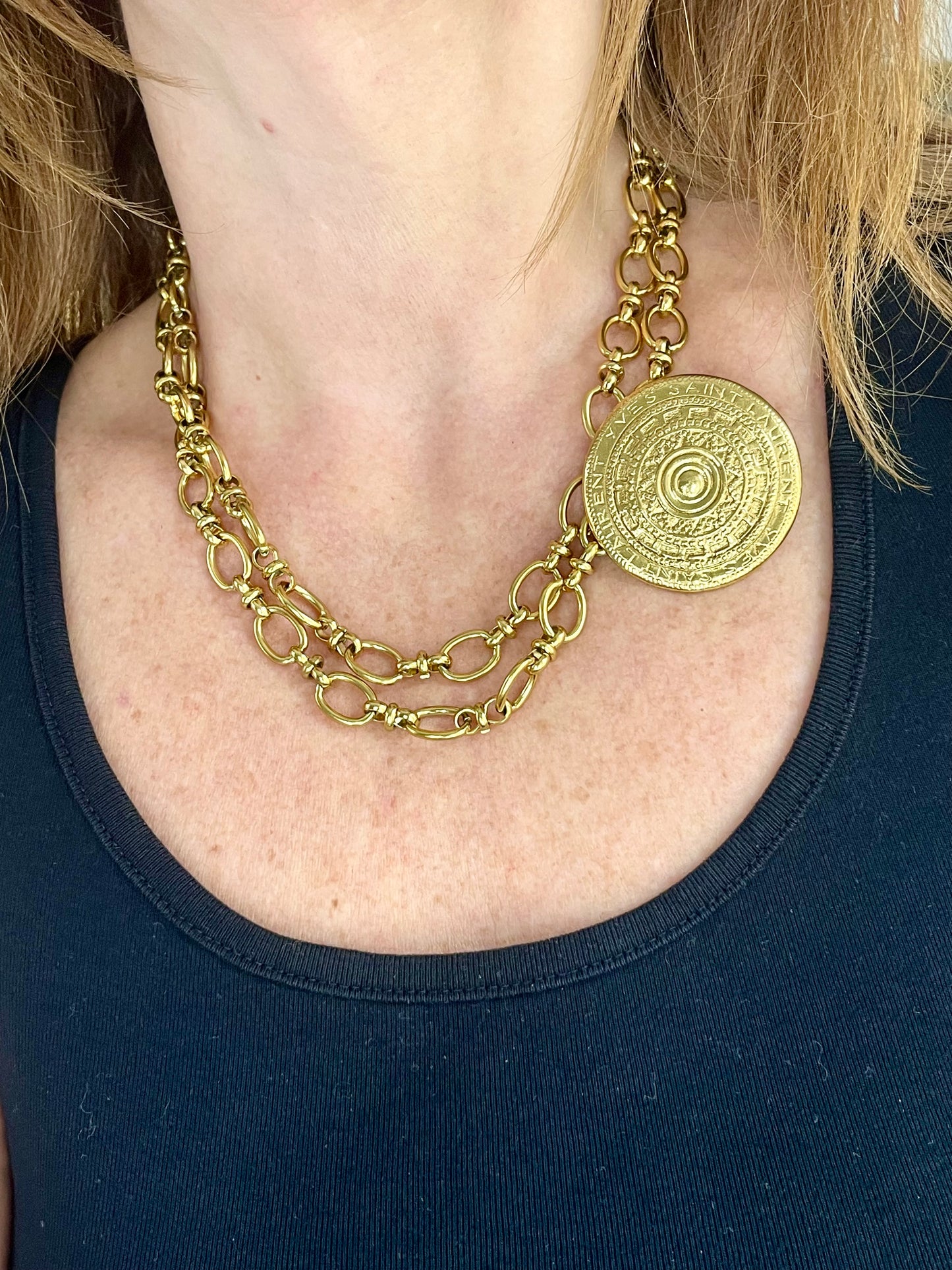 Alternative style Yves Saint Laurent vintage scarf holder Gold chain necklace worn by model 