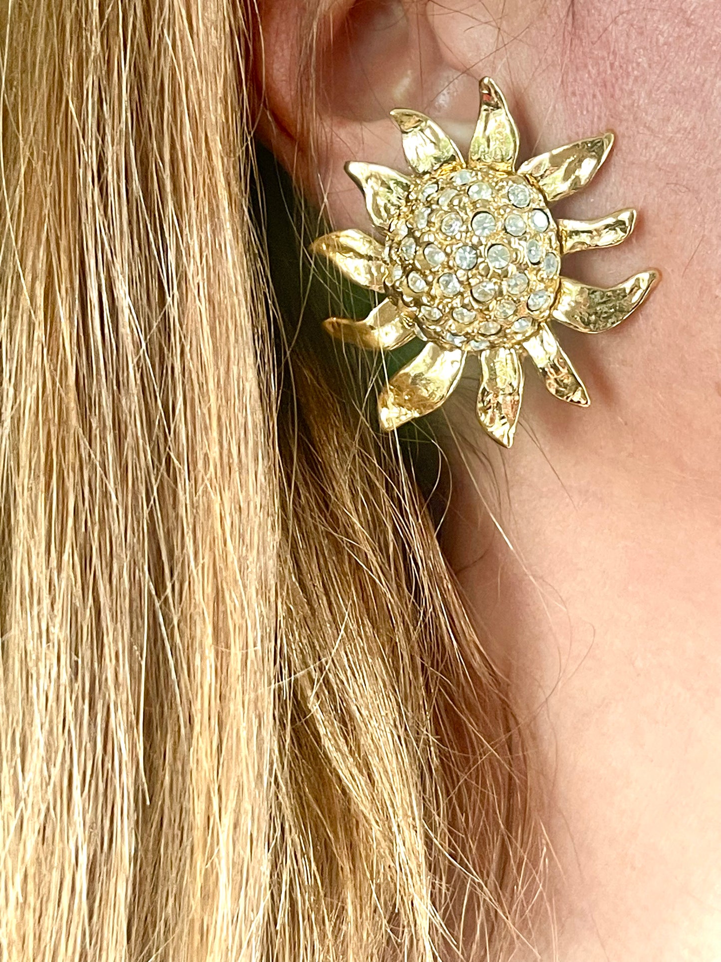Vintage Yves Saint Laurent Sun Crystal Earrings – Gold Tone