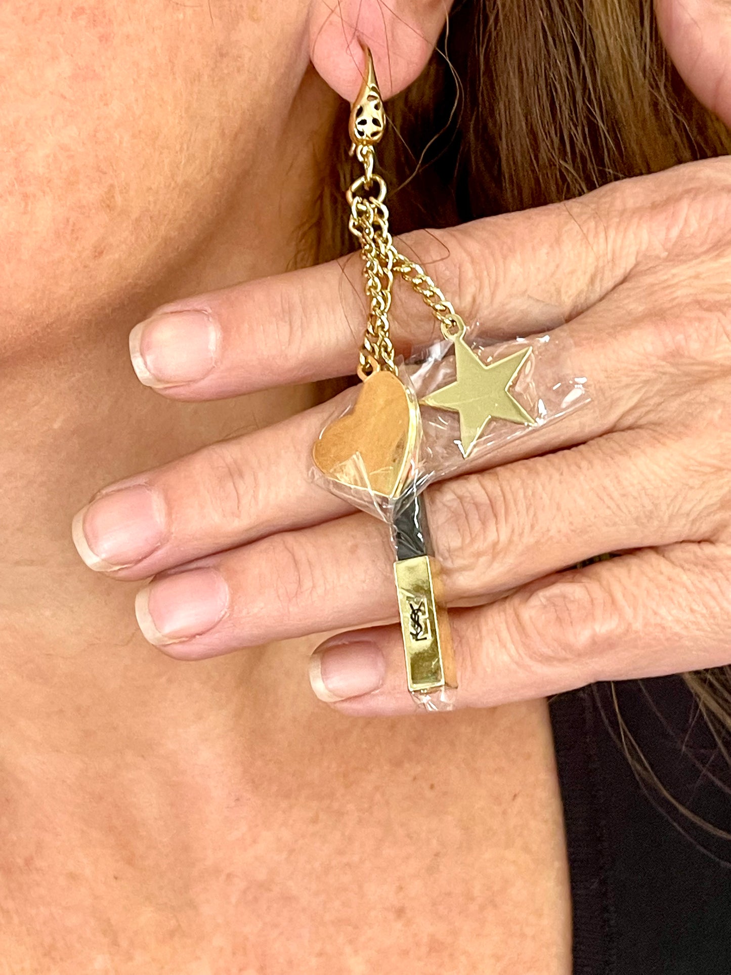 Yves Saint Laurent Beauté Vintage Bag Charms Upcycled Long Chain Earrings – Gold Tone