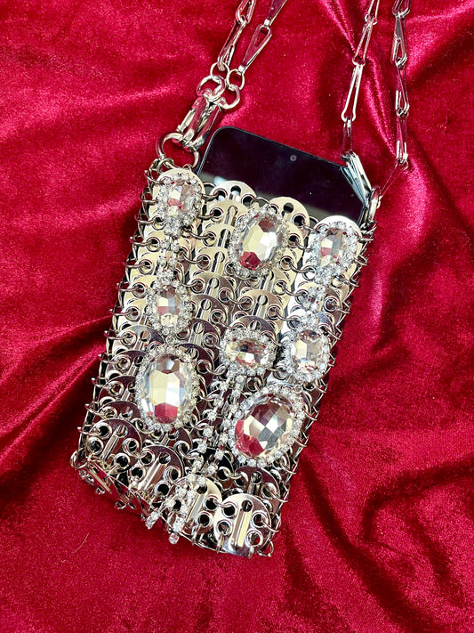 Micro Metal Phone Holder Bag  Removable Crystal Brooches Style Paco Rabanne