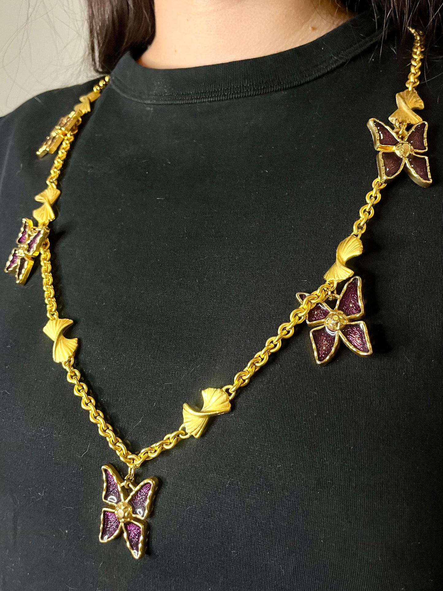 Set of Five Vintage Yves Saint Laurent Pendants on Vintage Nina Ricci Necklace – Rustic Aged Finish