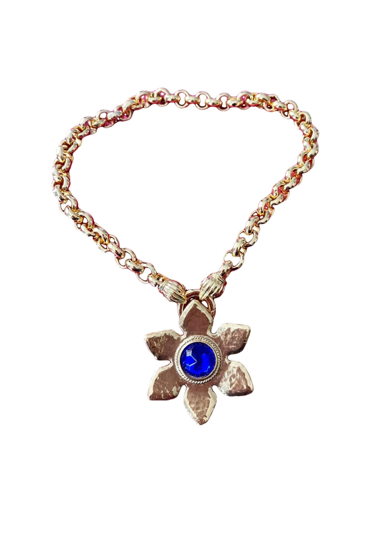 Rare Authentic Vintage Gold Flower Blue Rhinestone Yves Saint Laurent Brooch Pendant