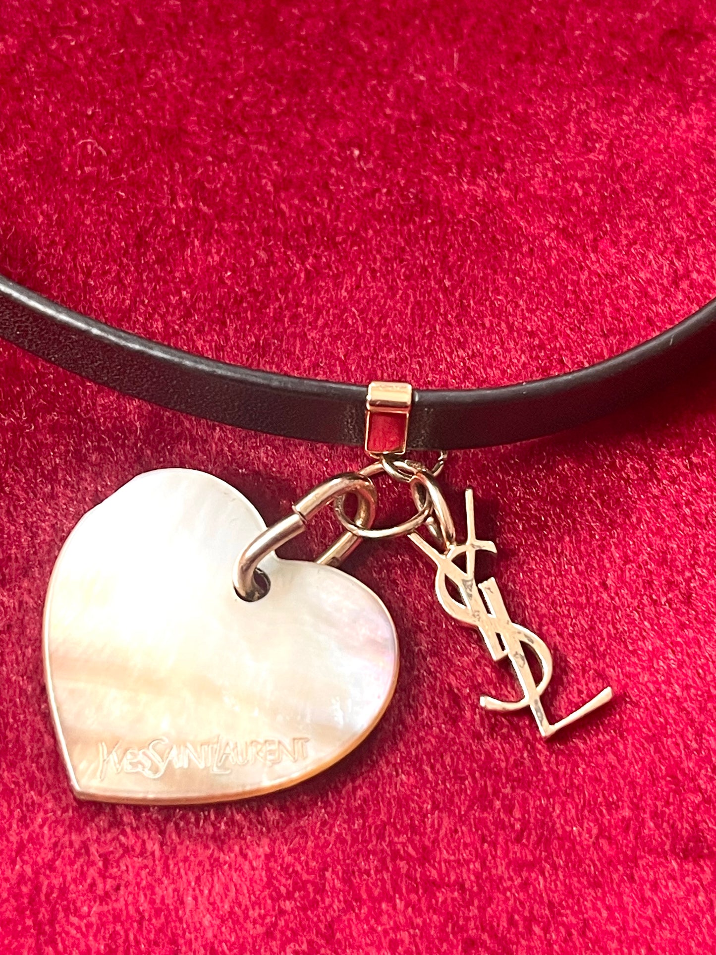 Vintage Yves Saint Laurent Heart Seashell Pendant on Black Leather Necklace