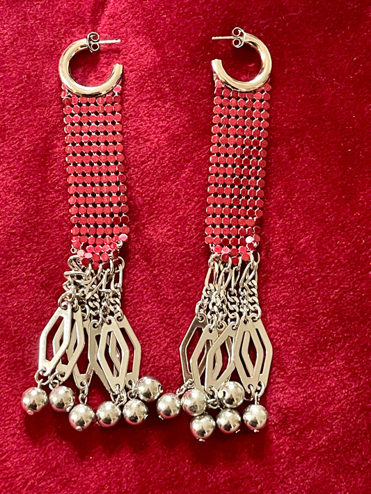 Paco Rabanne Pixel 1969 Red Silver Charms Earrings