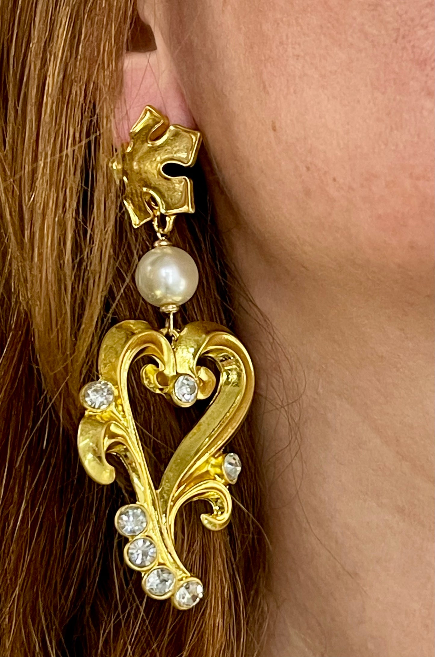 Arty Gold Heart Pearl Rhinestones Earrings Style Vintage Christian Lacroix Yves Saint Laurent