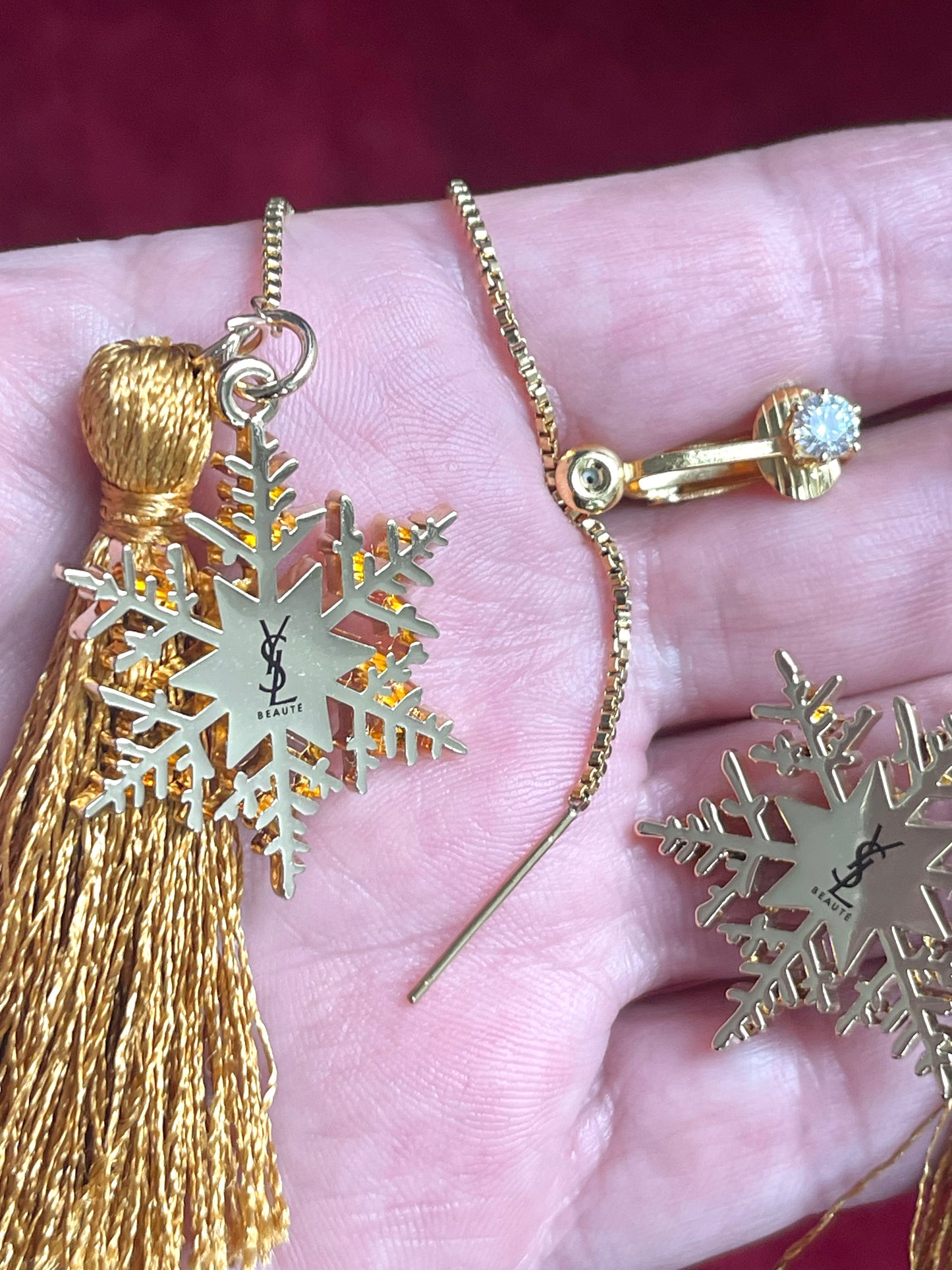 Yves Saint Laurent Signed Snowflake Charm Tassel Earrings – Gold Tone, Upcycled