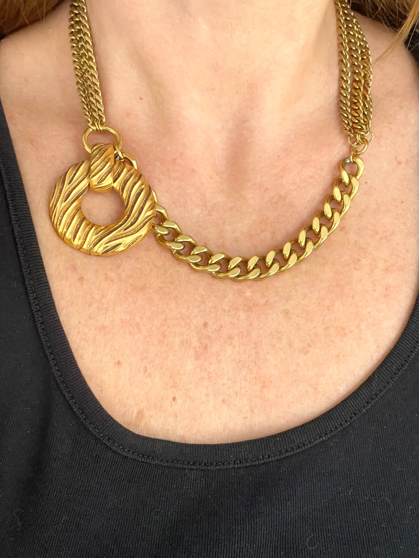 Worn by model Yves Saint Laurent vintage 80s pendant stainless steel chain necklace worn by model in alternative style 