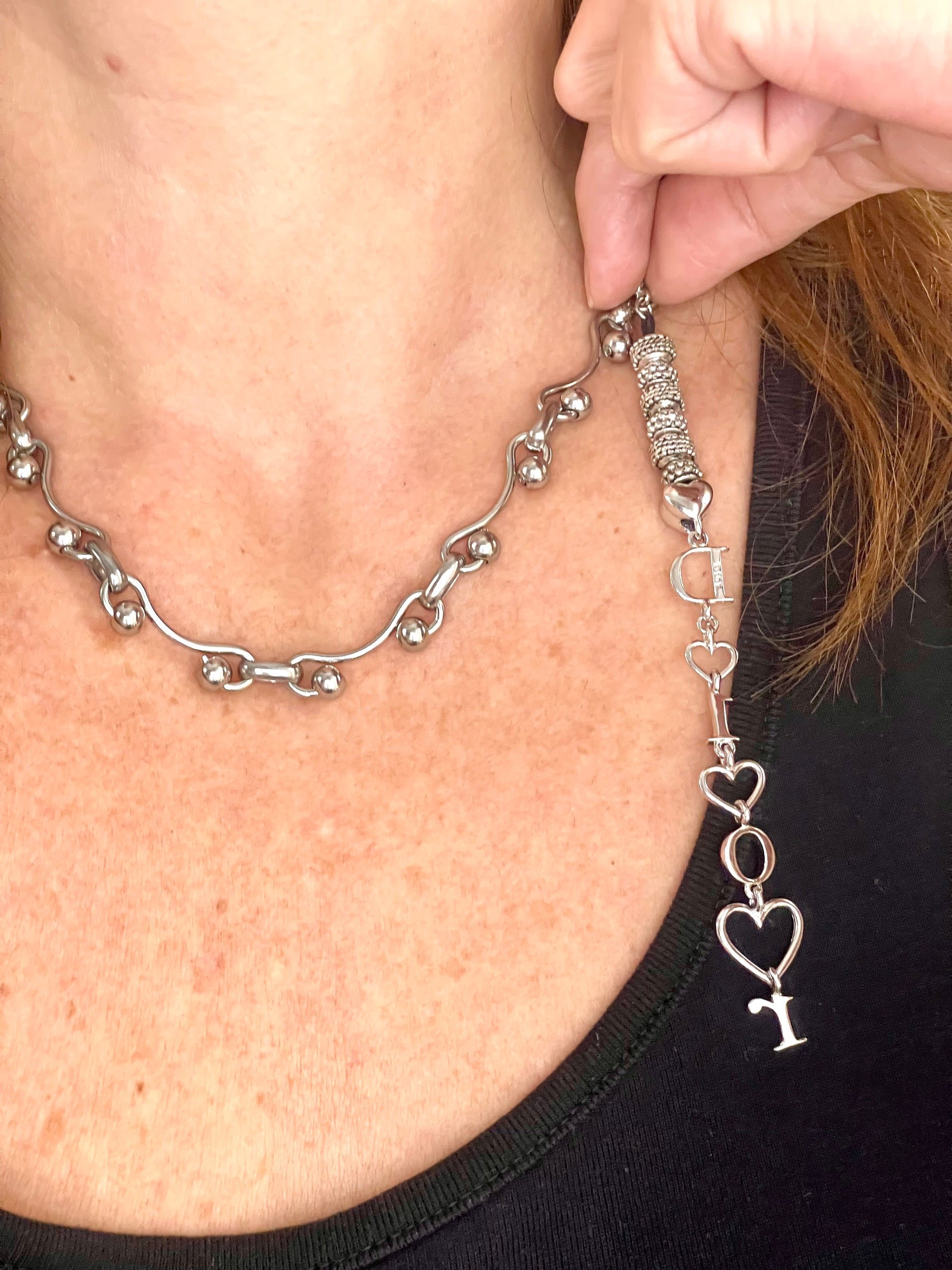 Suggestions to place the Upcycled Dior pendant on the adjustable silver-tone stainless steel chain