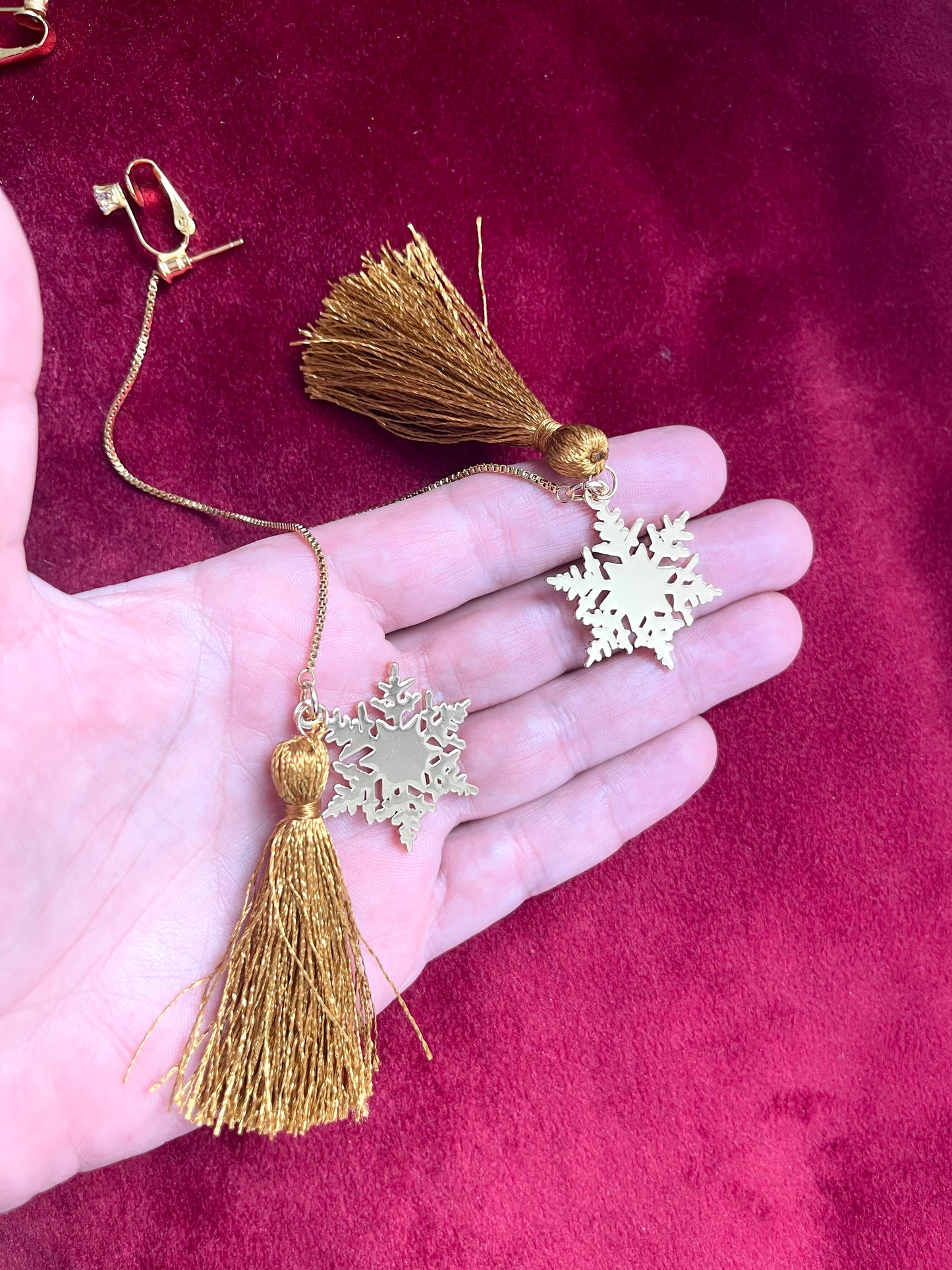 Yves Saint Laurent Signed Snowflake Charm Tassel Earrings – Gold Tone, Upcycled