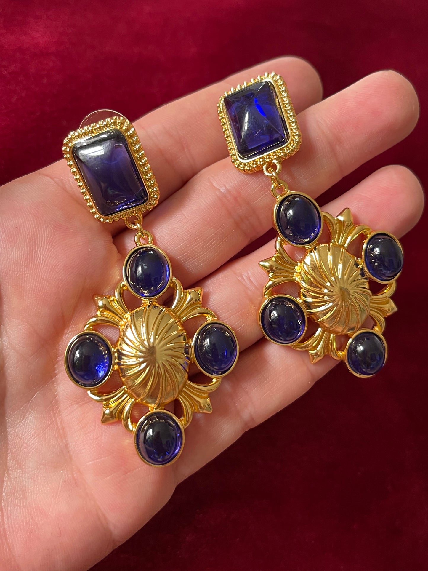 Boucles d'Oreilles Résine Bleue Métal Doré Clair