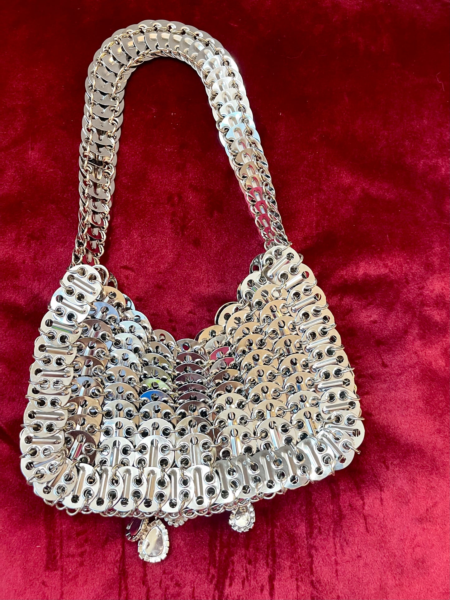 Large Metal Shoulder Bag Crystal Charms Brooches Style Paco Rabanne