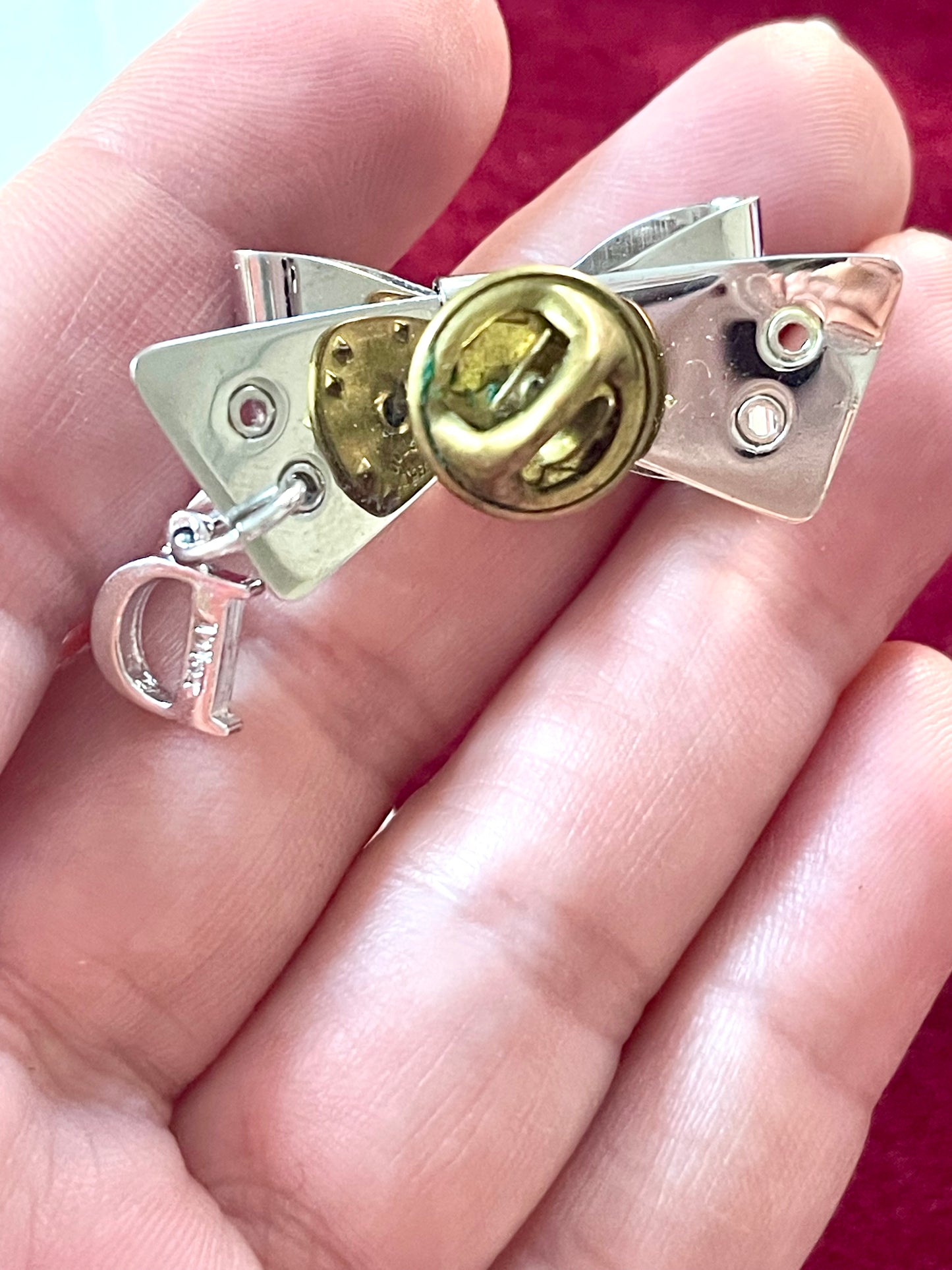 Dior Ribbon Silver Charm Pin Brooch