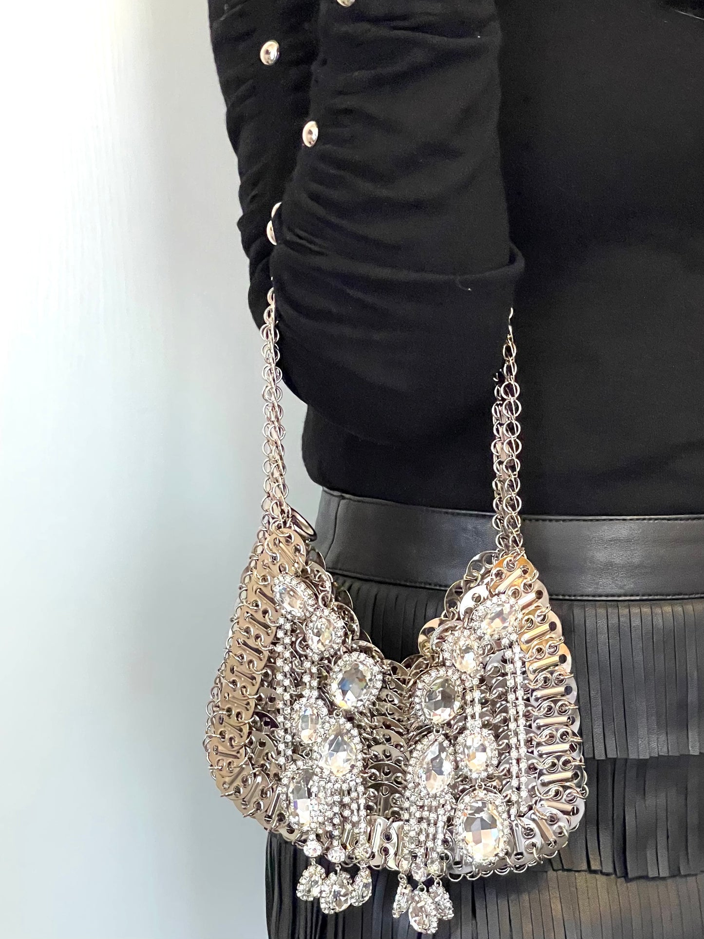 Large Metal Shoulder Bag Crystal Charms Brooches Style Paco Rabanne