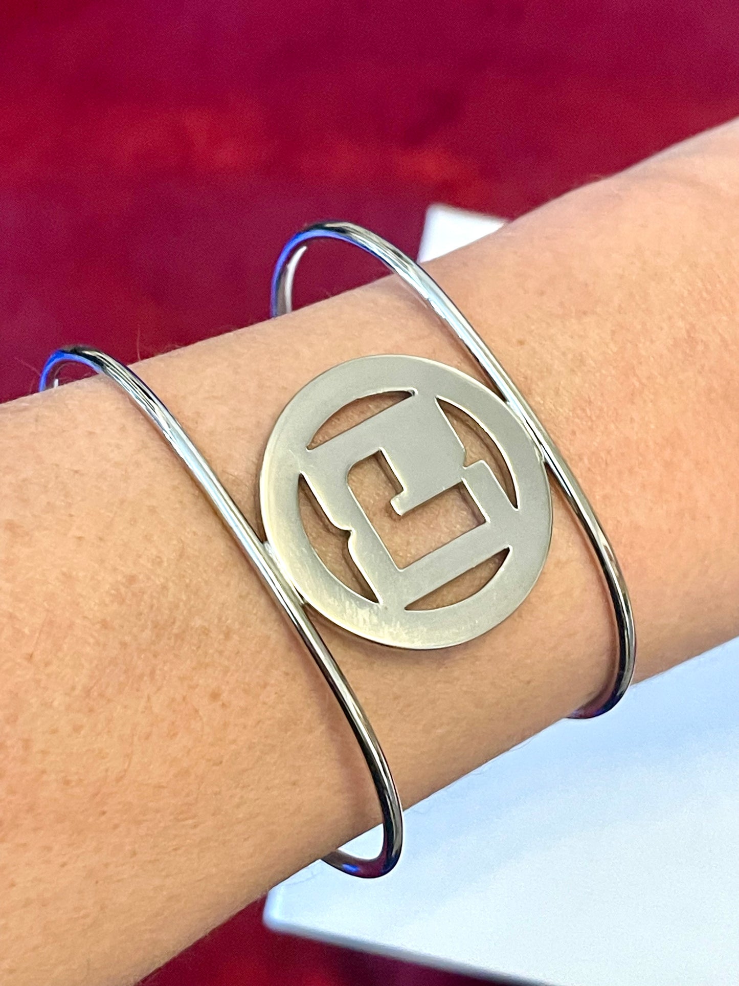 Refurbished vintage Paco Rabanne Parfums cuff bracelet modernist design Worn in wrist 