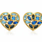 Pair of 3 cm gold-tone vintage Yves Saint Laurent heart-shaped clip-on earrings decorated with multi-coloured crystals, displayed on a white background