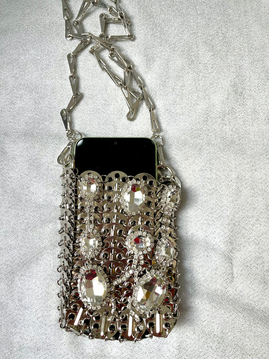 Micro Metal Phone Holder Bag  Removable Crystal Brooches Style Paco Rabanne