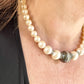 Grey faux pearl white vintage Yves Saint Laurent necklace authentic classic collectible jewelry worn by model associated